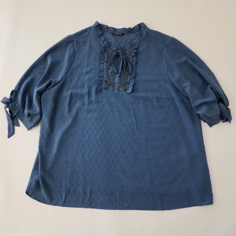 BloomChic Womens Plus Size 26 Blue Swiss Dot Embroidered Ruffle Tie Neck Blouse